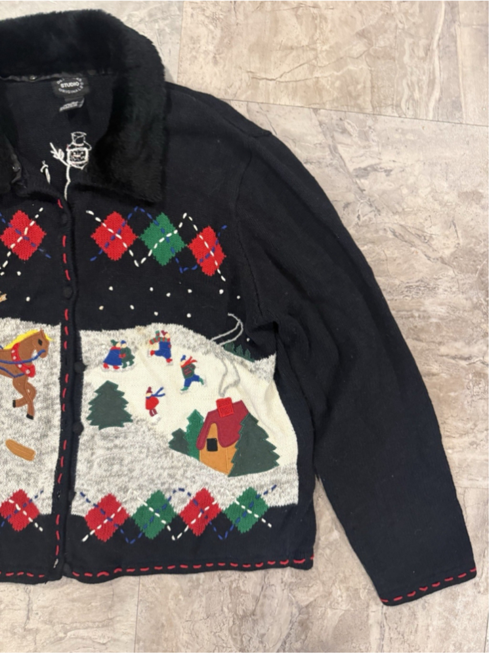 VTG Designer Originals Holiday Snowman Argyle Fur Collar cardigan sweater XL
